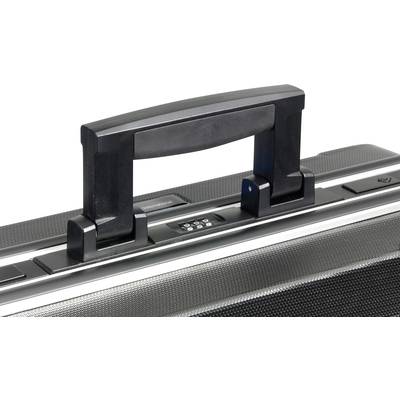 Black briefcase with combination lock and sturdy handle, close-up of the top section.