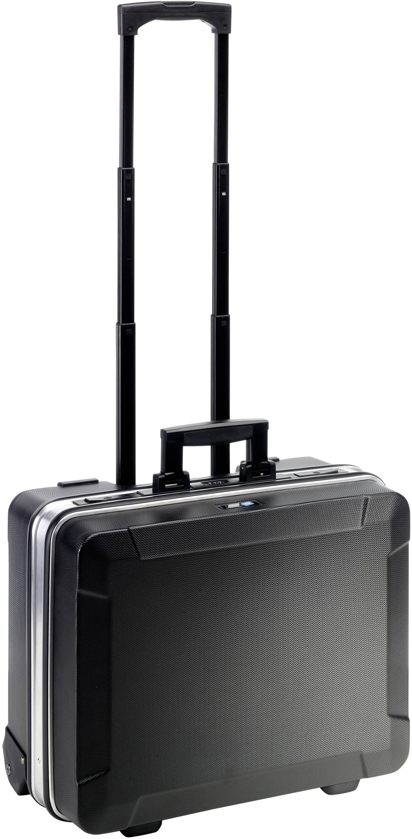 Hard-shell suitcase with telescopic handle and wheels, suitable for business travel. Black colour, rectangular shape.