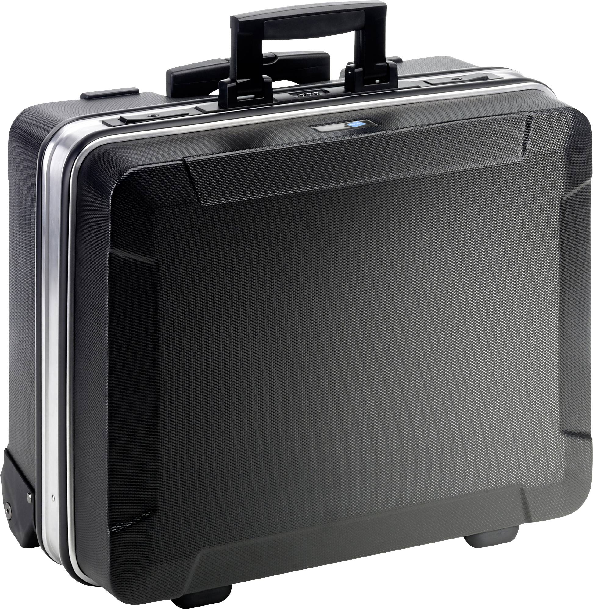 A sturdy, closed black briefcase with a handle on top and reinforced corners.