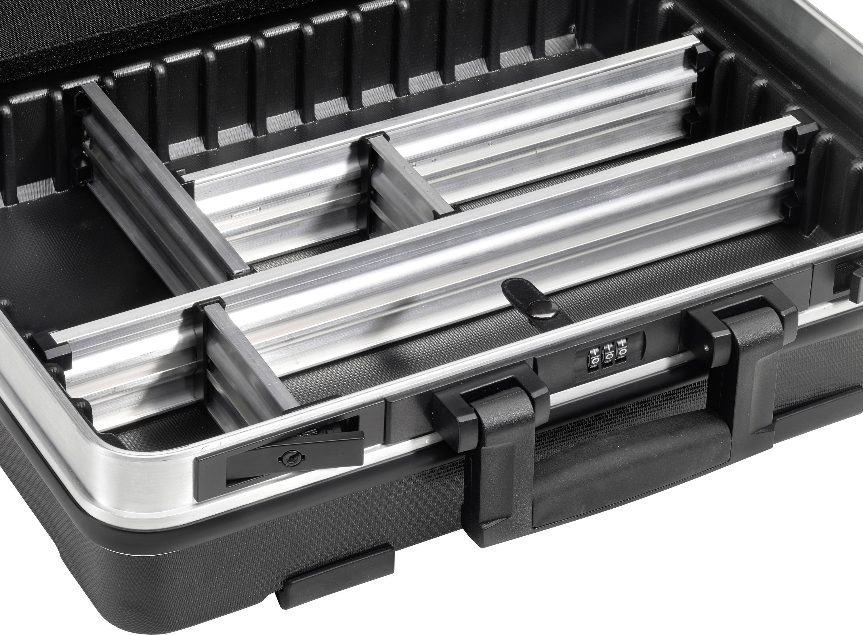 An open suitcase with adjustable dividers and a combination lock, suitable for organising tools or technical equipment.