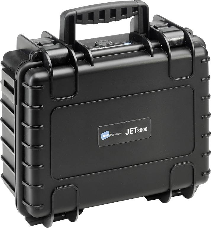 Black, robust suitcase with 'JET3000' label on the front and a sturdy handle on top.