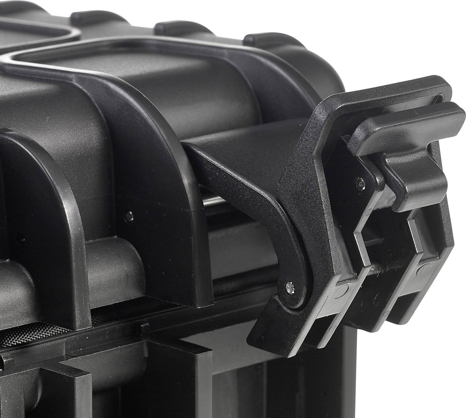 A black plastic case with a robust locking mechanism.