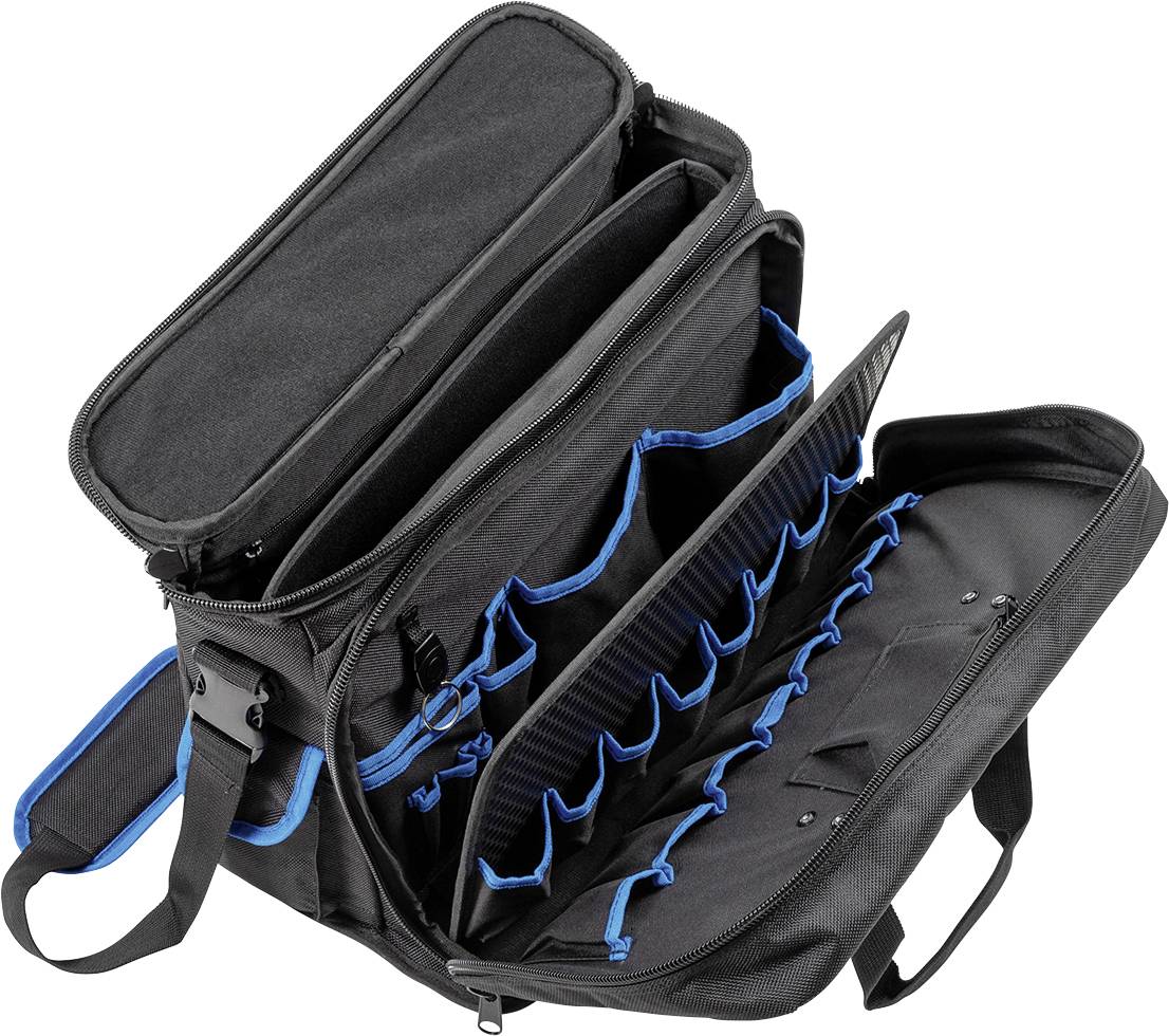 Black, open bag with multiple compartments and blue inner lining, suitable for organised storage of tools or utensils.