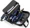 Tool bag with an open zip showing sorted tools such as screwdrivers, pliers and spanners in blue holders.