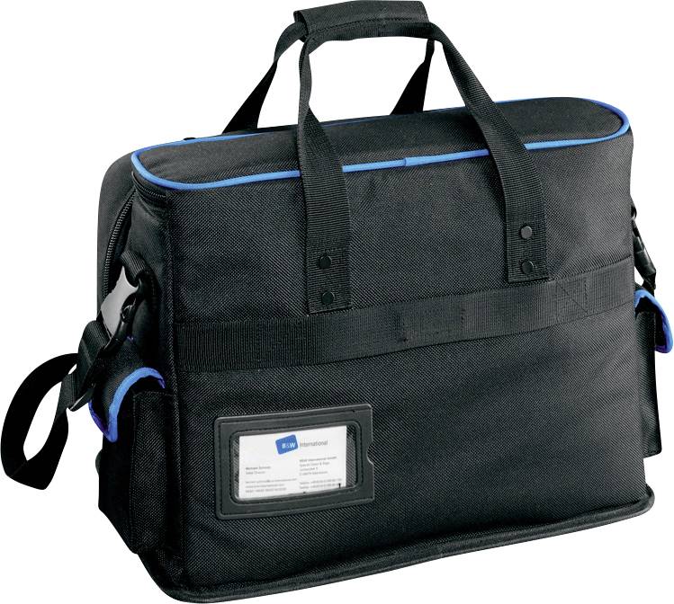 A black, rectangular tote bag with blue accents and a transparent card holder on the front.