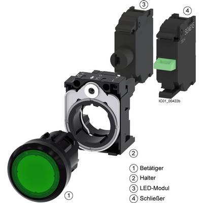 Green illuminated actuator (1) with mounting bracket (2), LED module (3) and normally closed contact (4) by Siemens, suitable for control panels.