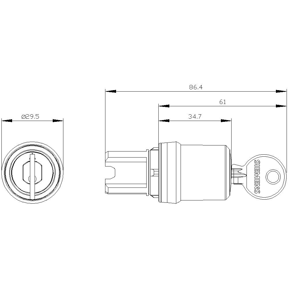 Technical drawing of a key switch, showing front and side views, with dimensions: diameter 29.5 mm, length 86.4 mm.