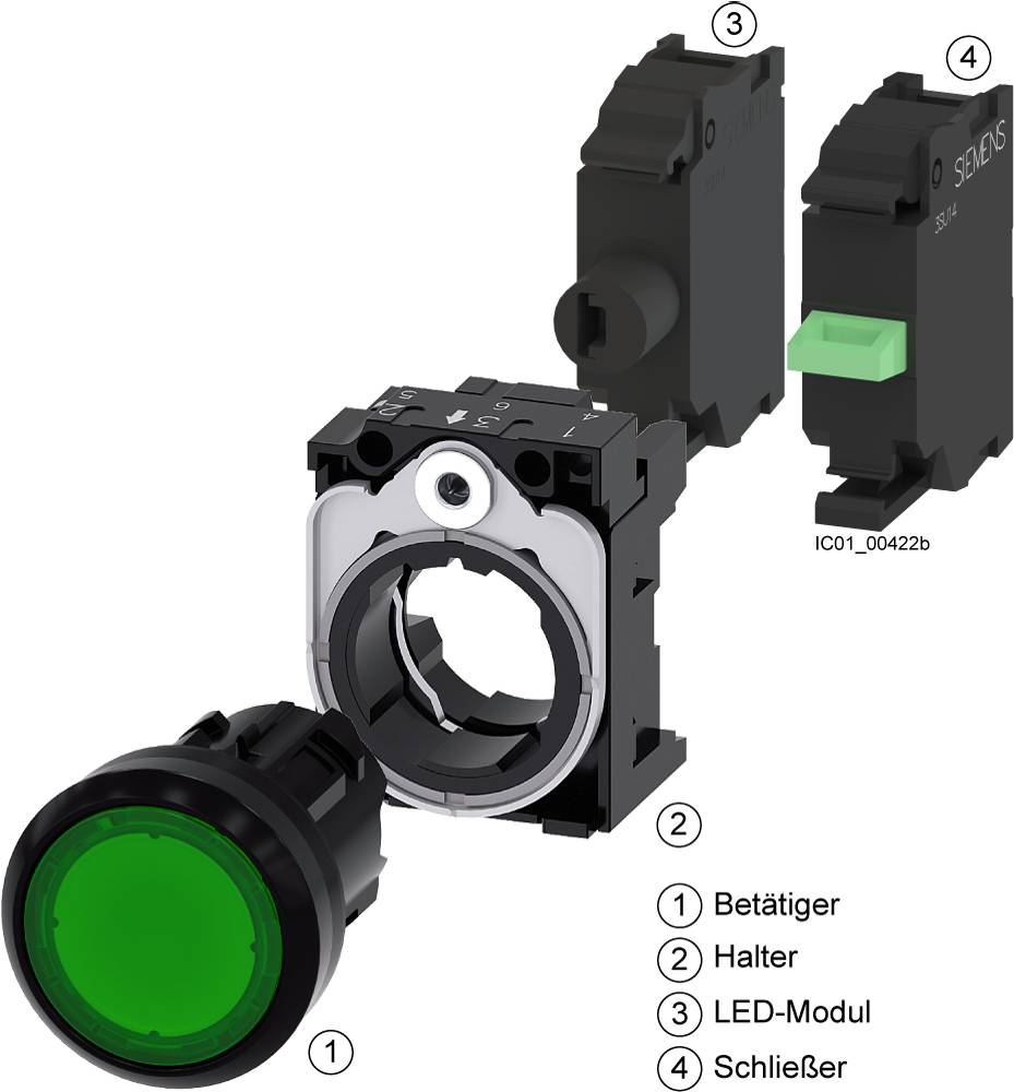 Exploded diagram of a Siemens switch. Shows parts: 1 - Actuator, 2 - Holder, 3 - LED module, 4 - Normally Open Contact.
