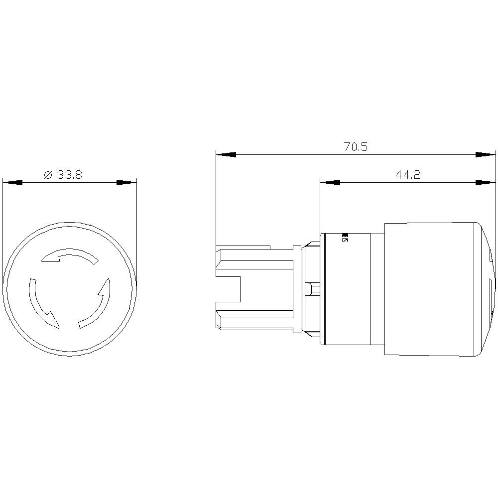 Technical drawing of a cylindrical component with dimensions: diameter 33.8 mm, length 70.5 mm, and division at 44.2 mm.