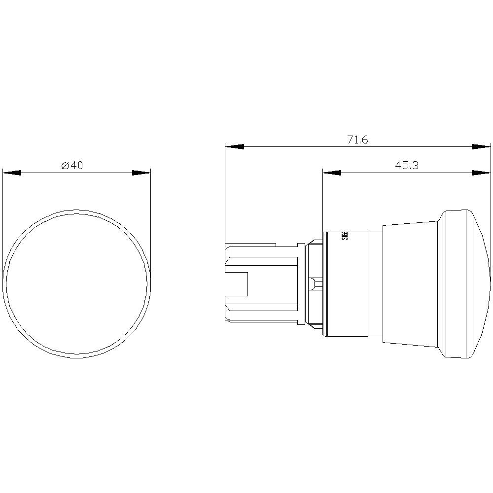 Technical drawing shows the dimensions of a round electronic component: diameter 40 mm, length 71.6 mm, intermediate length 45.3 mm.