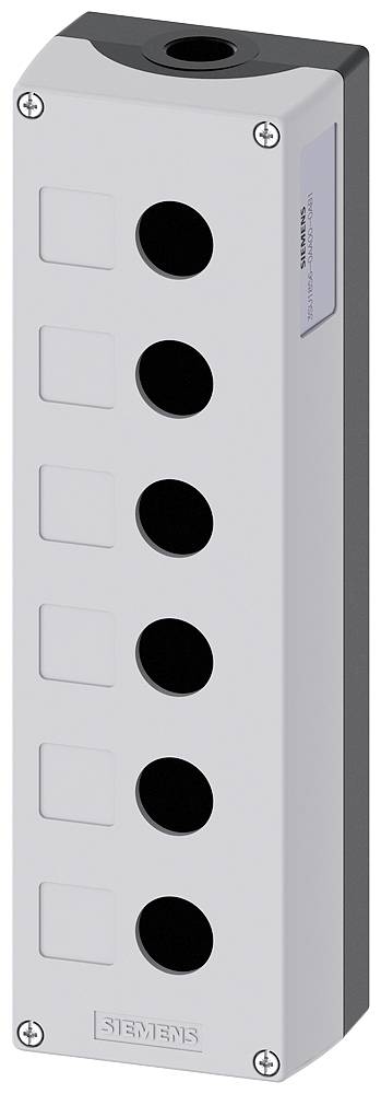 Metal enclosure with six round openings in two columns, suitable for mounting buttons or switches.