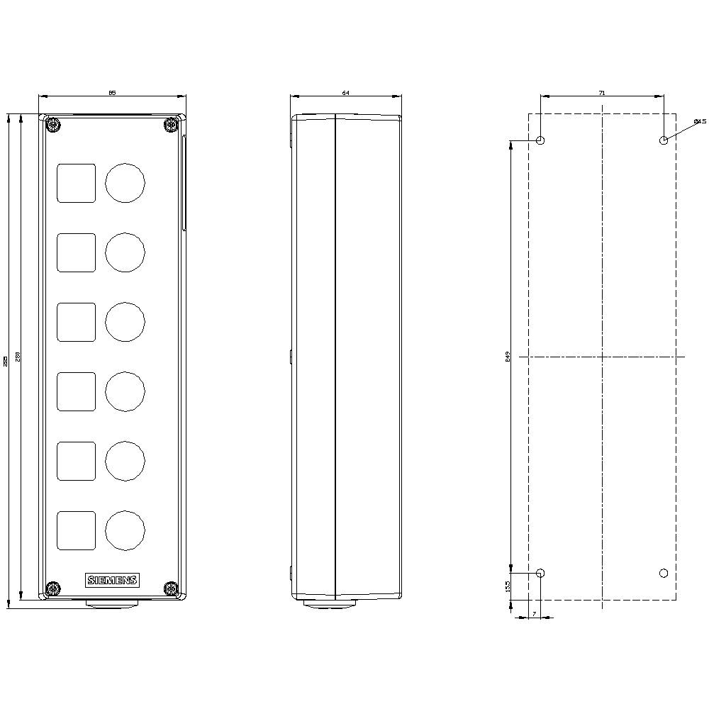 Technical drawing of a rectangular, vertical control panel with space for nine round buttons on the front. Side and rear views are shown.