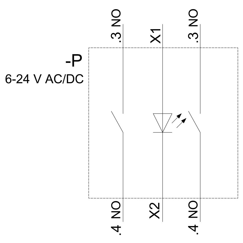 Relay Circuit Diagram: Terminals X1 and X2. Note: '-P 6-24 V AC/DC'. Contacts 3 NO and 4 NO are connected to X1 and X2. Arrows indicate LED.