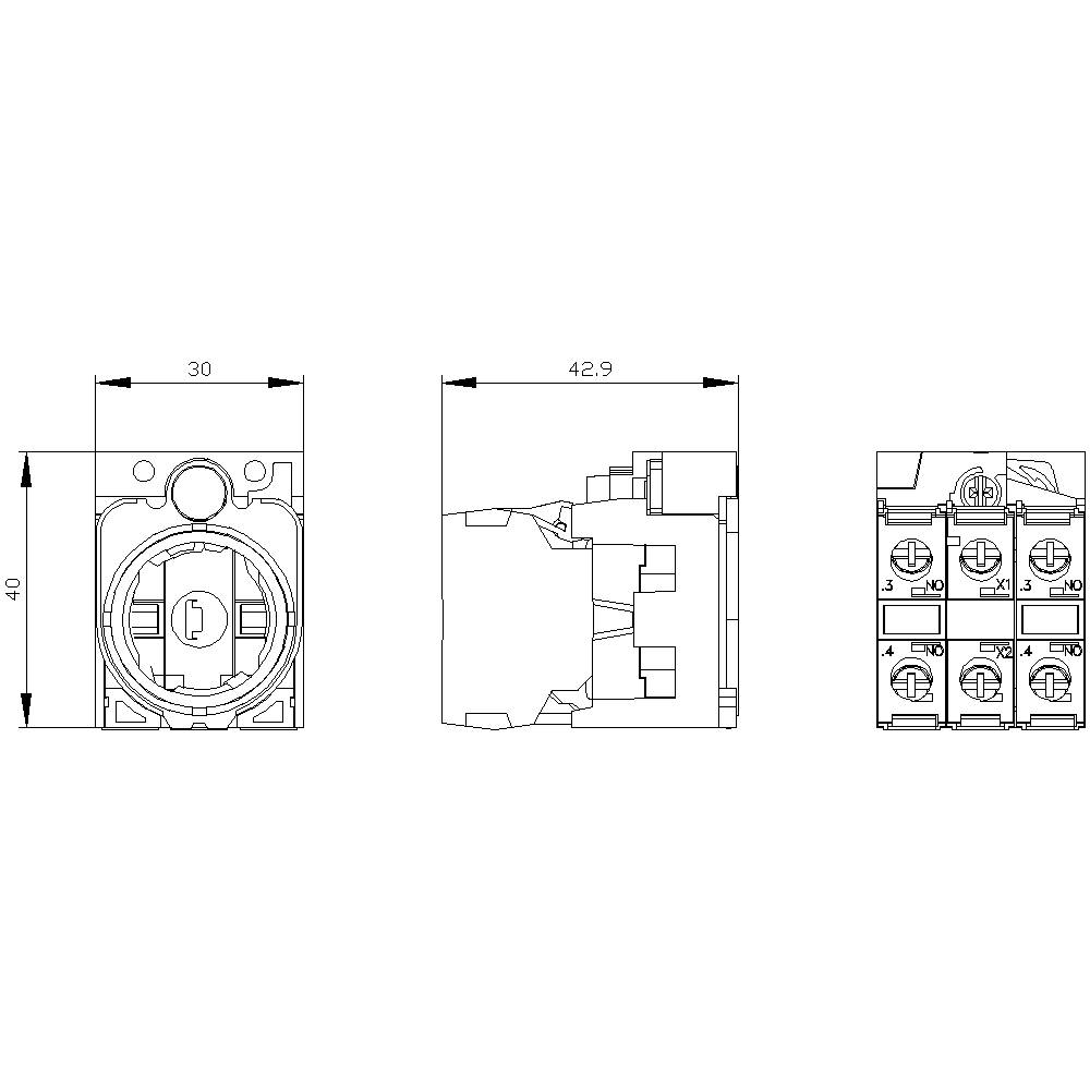 Technical drawing of a switch with front and side view. Dimensions: Width 30 mm, Height 40 mm, Depth 42.9 mm. Six connection terminals visible.