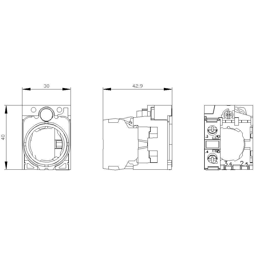 Technical drawing of an electrical component with three views: front view, side view, and rear view with dimensions in millimetres.