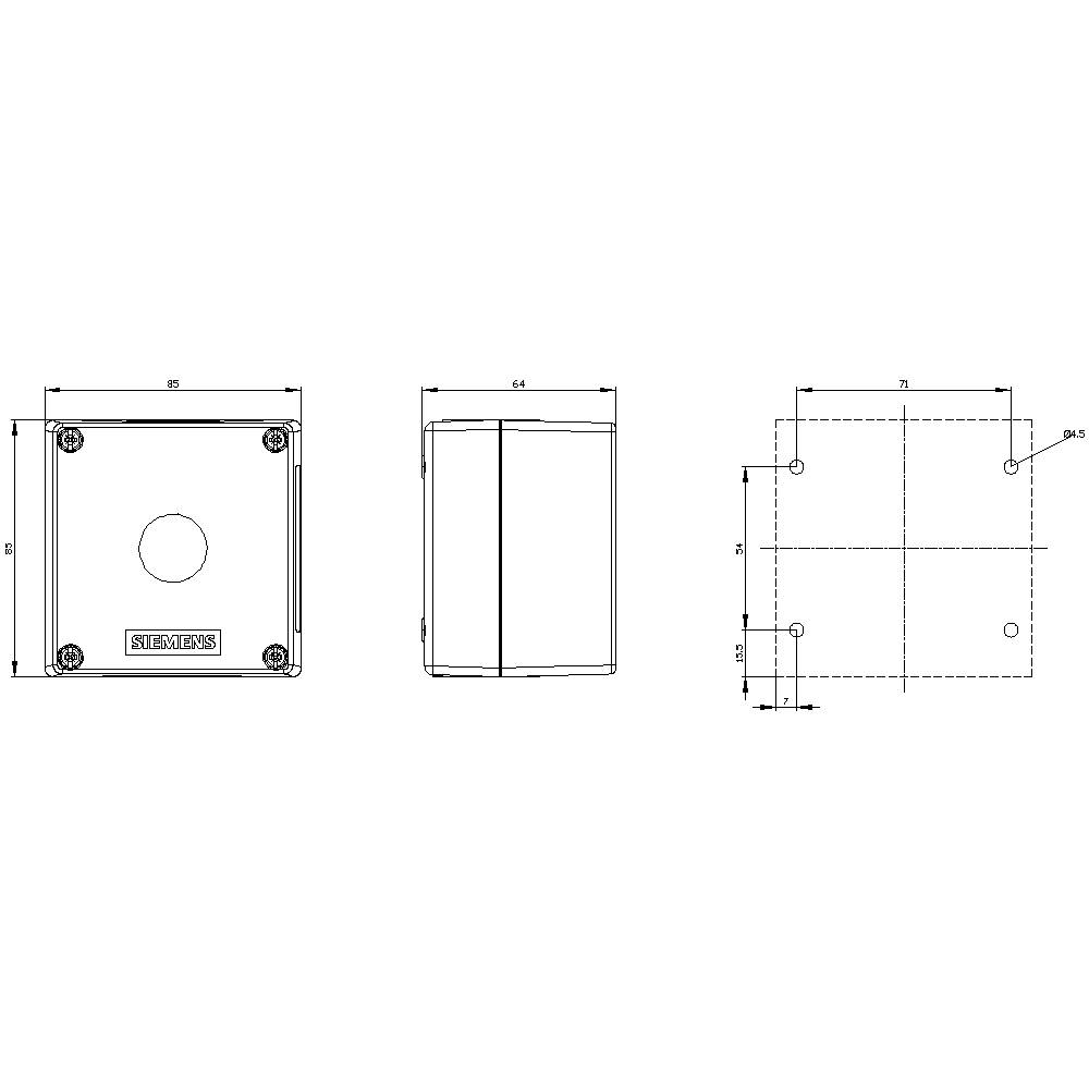 Technical drawing of a rectangular device with dimensions. Front, side, and top views with measurements in millimetres.