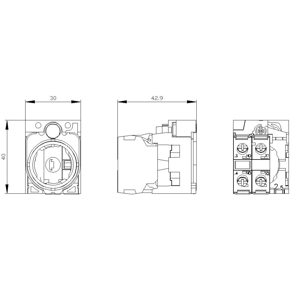 Technical Drawing of an Electrical Connector: Front, Side and Rear Views with Dimensions. Key Features Illustrated.