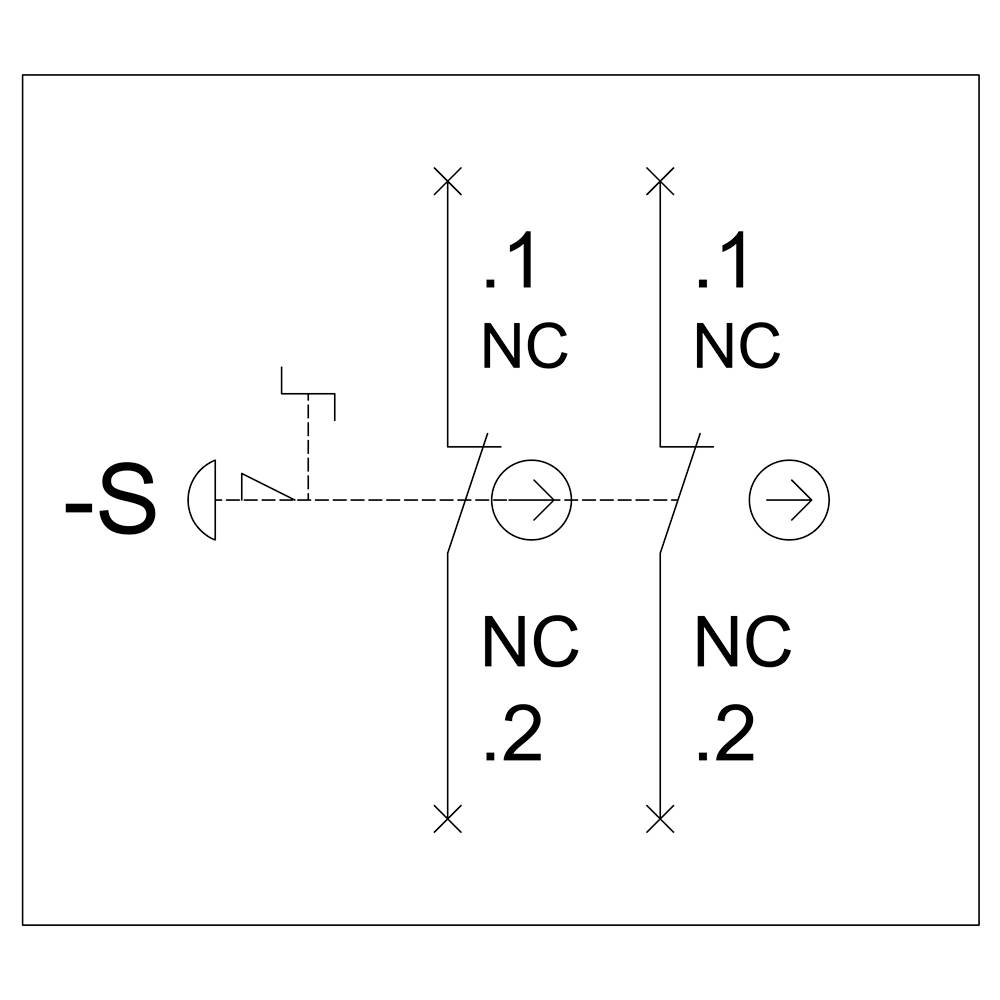 Circuit diagram with a switch '-S', two NC contacts '.1' and '.2' connected in series, which close when activated.