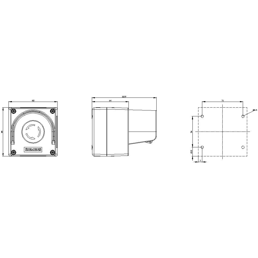 Technical drawing of a square socket with side view, top view, and mounting holes. Dimensions and lines illustrated.