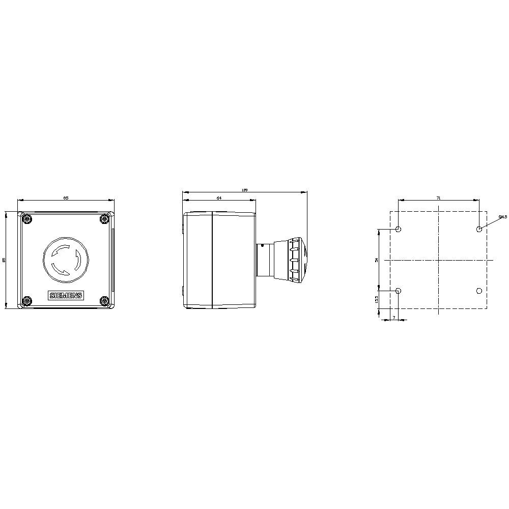 Technical drawing of an electrical socket with a side view and dimensions. Main section shows a square shape.