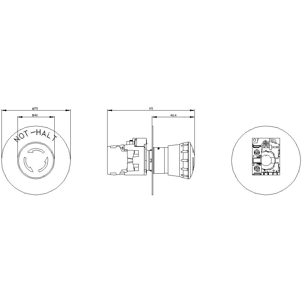 Technical drawing of a component with three views: side, front, and rear view. Dimensions and labels are visible.