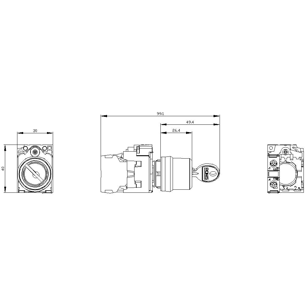 Technical drawing of an electronic component. Shows front, side, and top views with precise dimensional measurements in millimetres.