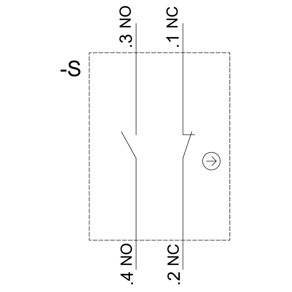 Drawing of an electrical switch with four contacts: two 'NO' (Normally Open) and two 'NC' (Normally Closed), marked as 1 NC, 2 NC, 3 NO, 4 NO.