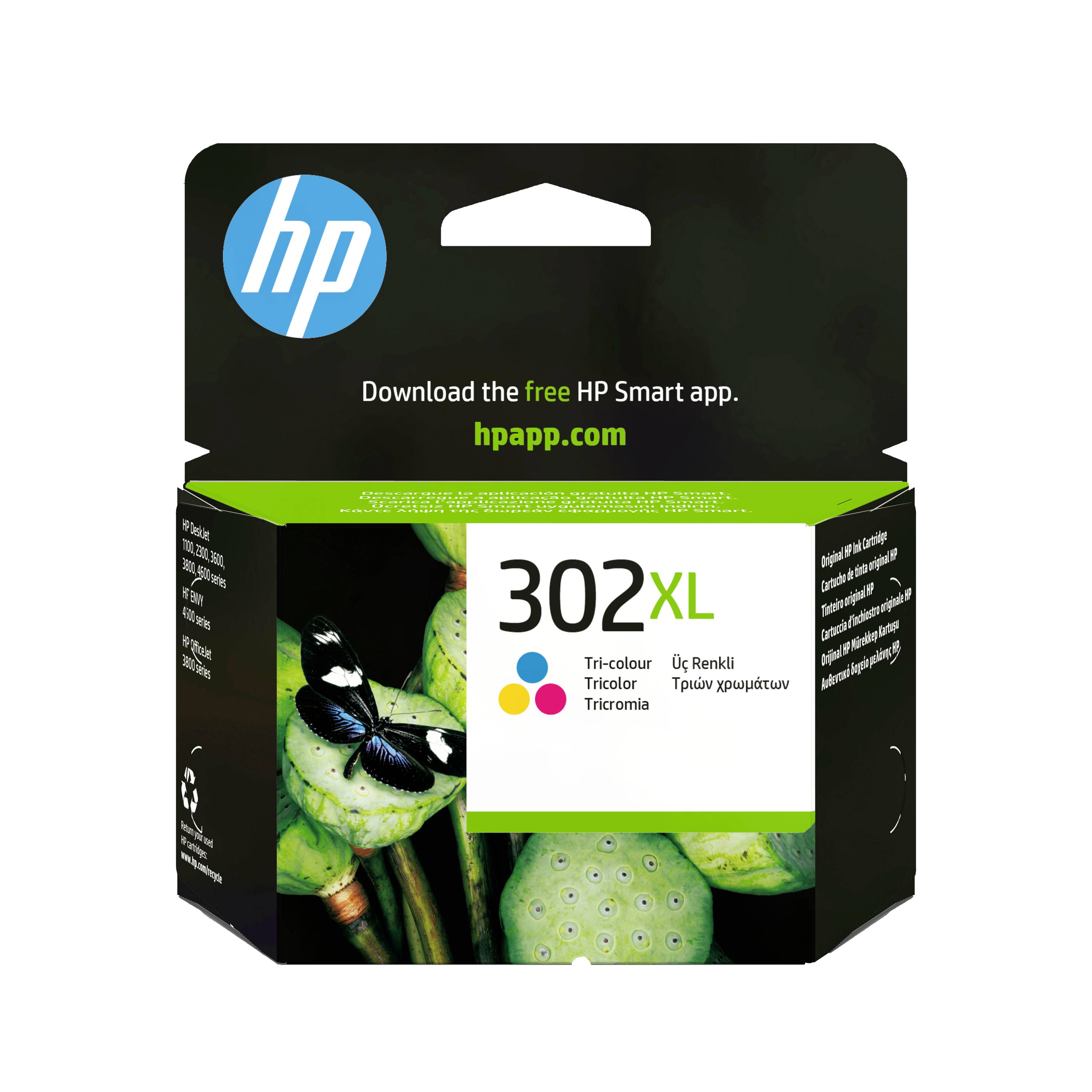 HP 302XL tri-color ink cartridge box with HP logo, 'Download the free HP Smart app' and hpapp.com text.