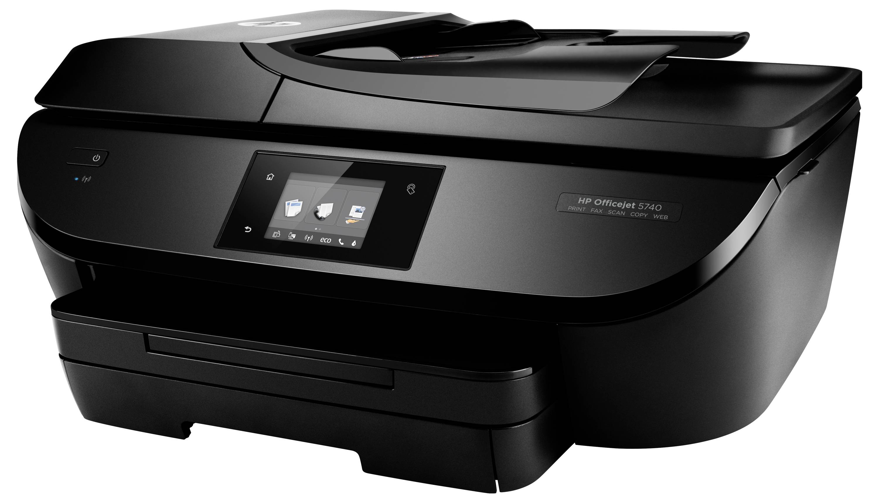 Black HP OfficeJet 5230 all-in-one printer with touchscreen display, scanner lid, and paper tray.