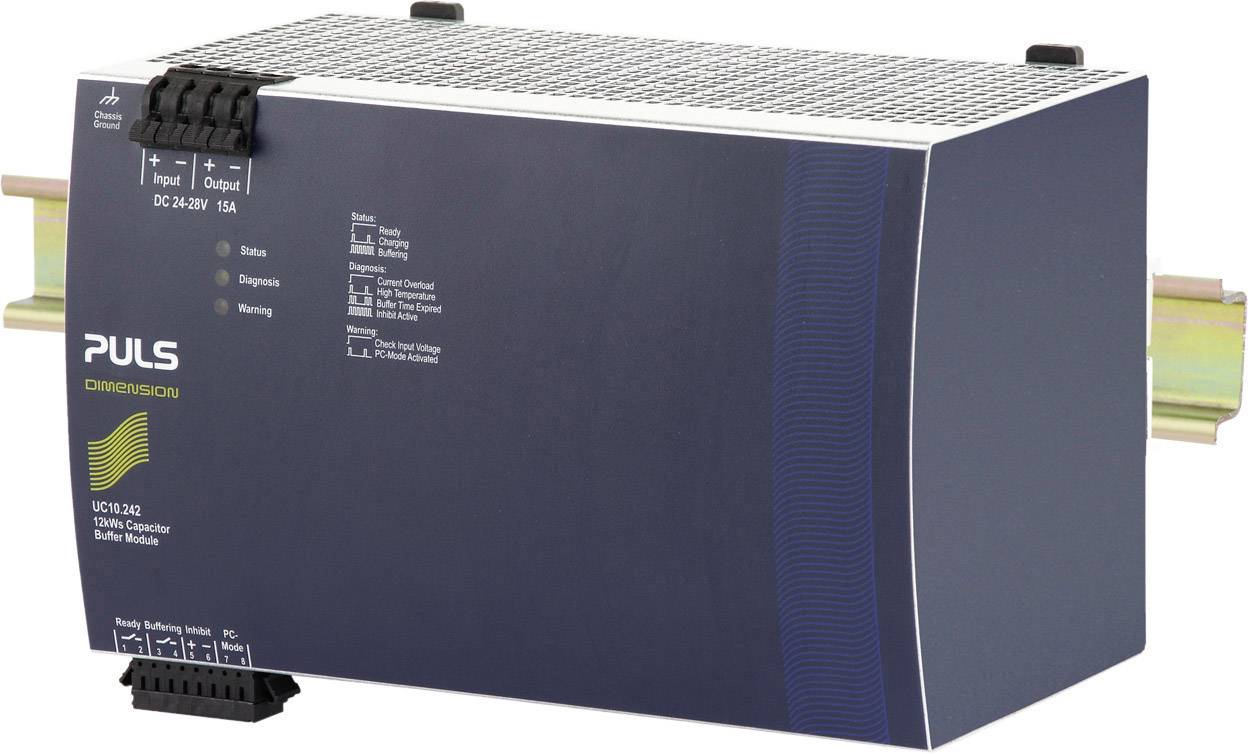 A dark blue pulse device for voltage or current regulation with diagnostic lamps and indicators for input and output voltage. Mounted on a DIN rail.