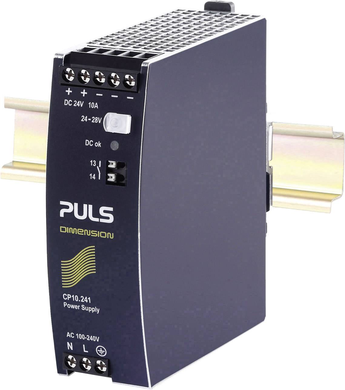 A blue pulse power supply CP 10.241 for DIN rail mounting, with connections for DC 24V, 10A and AC 100-240V.