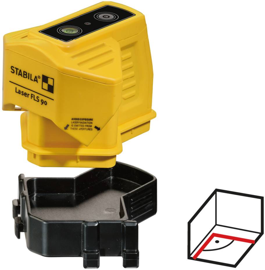 A yellow laser FLS 90 with mounting bracket and schematic representation of a room corner to illustrate its application.