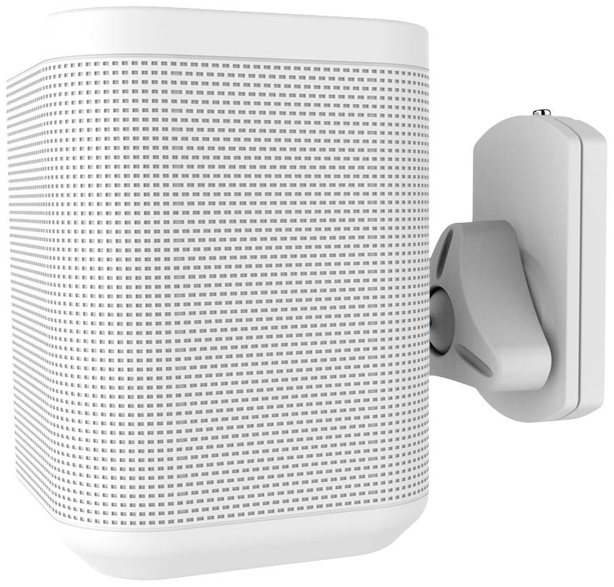 Wall-mounted white speaker with bracket, positioned for optimal sound coverage in a room.
