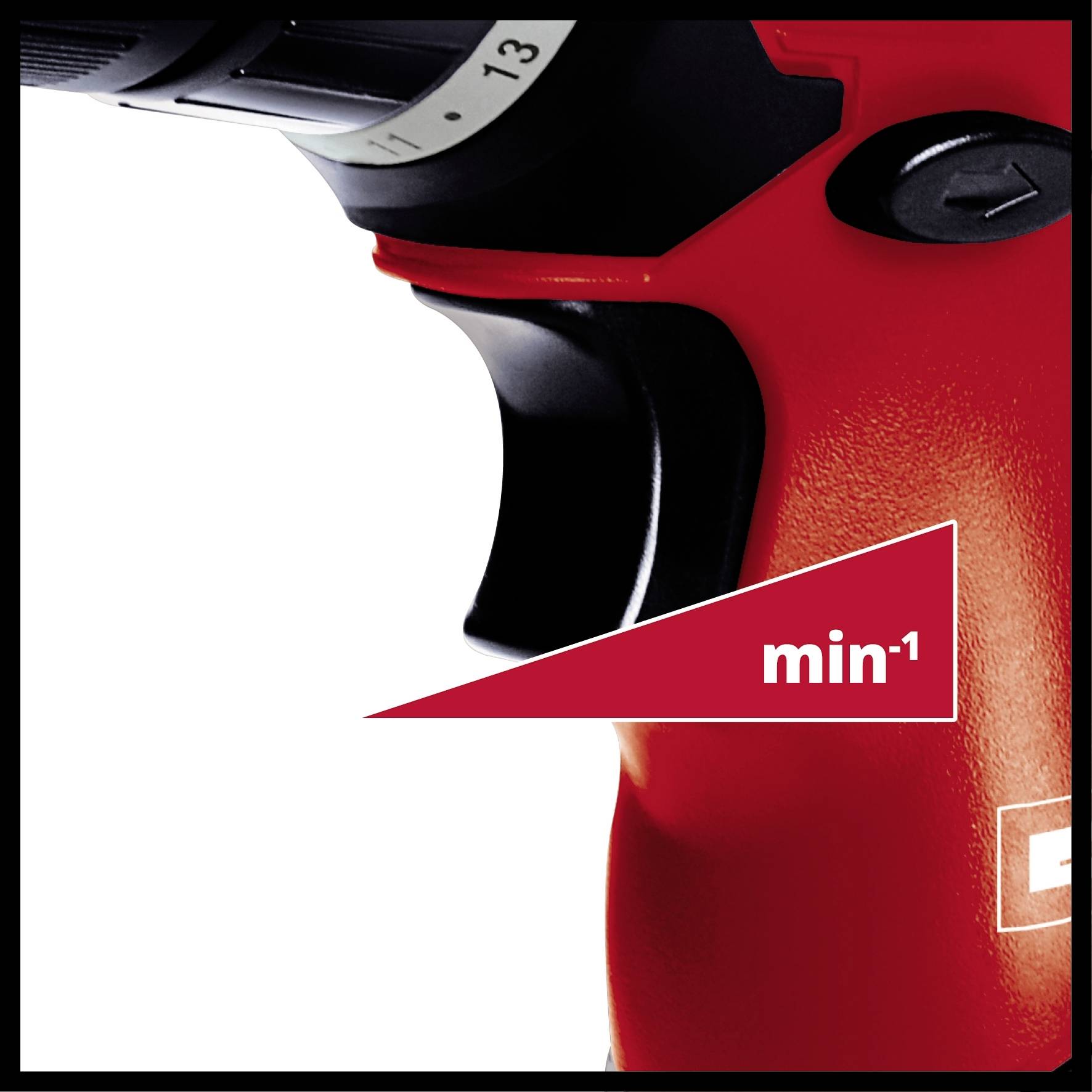 'Close-up of a red cordless drill with speed indicator showing revolutions per minute (min⁻¹).'