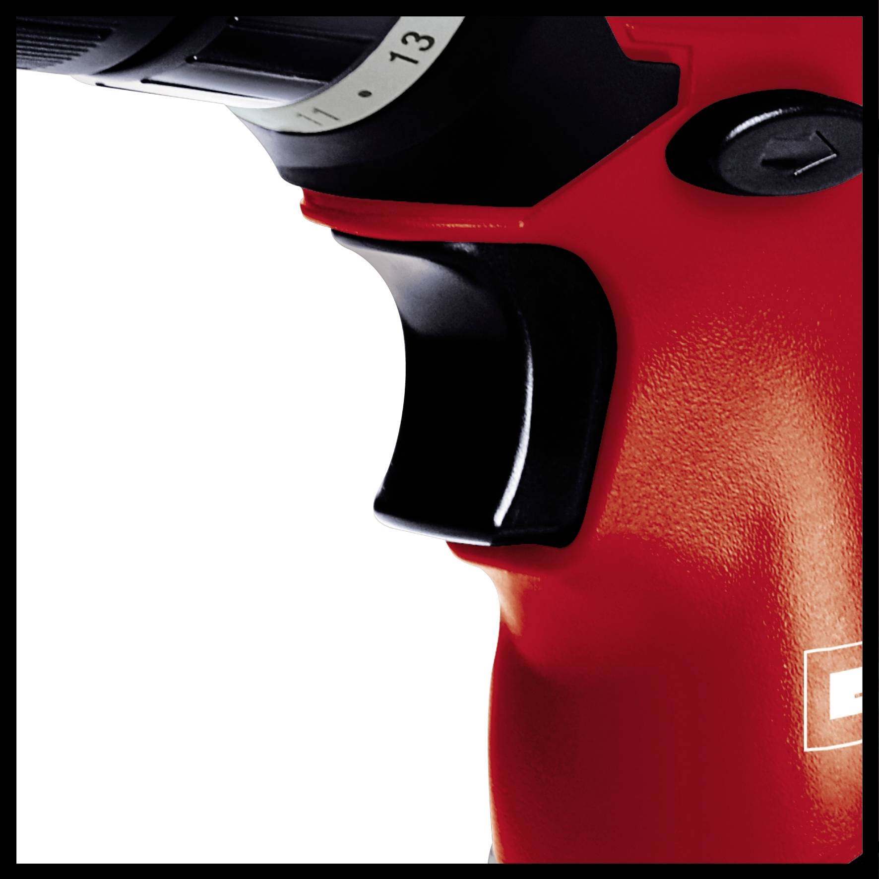 A red electric drill driver with a black handle and rotary knob. Part of the drill bit is visible.