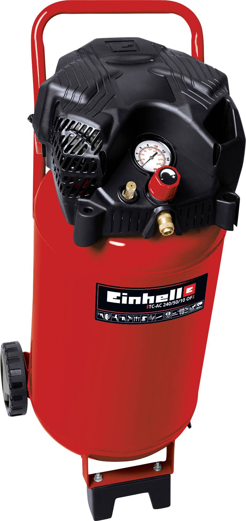 Red portable air compressor with black motor housing, pressure gauge, control knob, carrying handle, and Einhell logo on the tank.