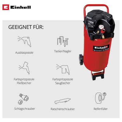Einhell compressor; suitable for air blow gun, stapler/nailer, spray gun, impact wrench, ratchet screwdriver and tyre inflator.