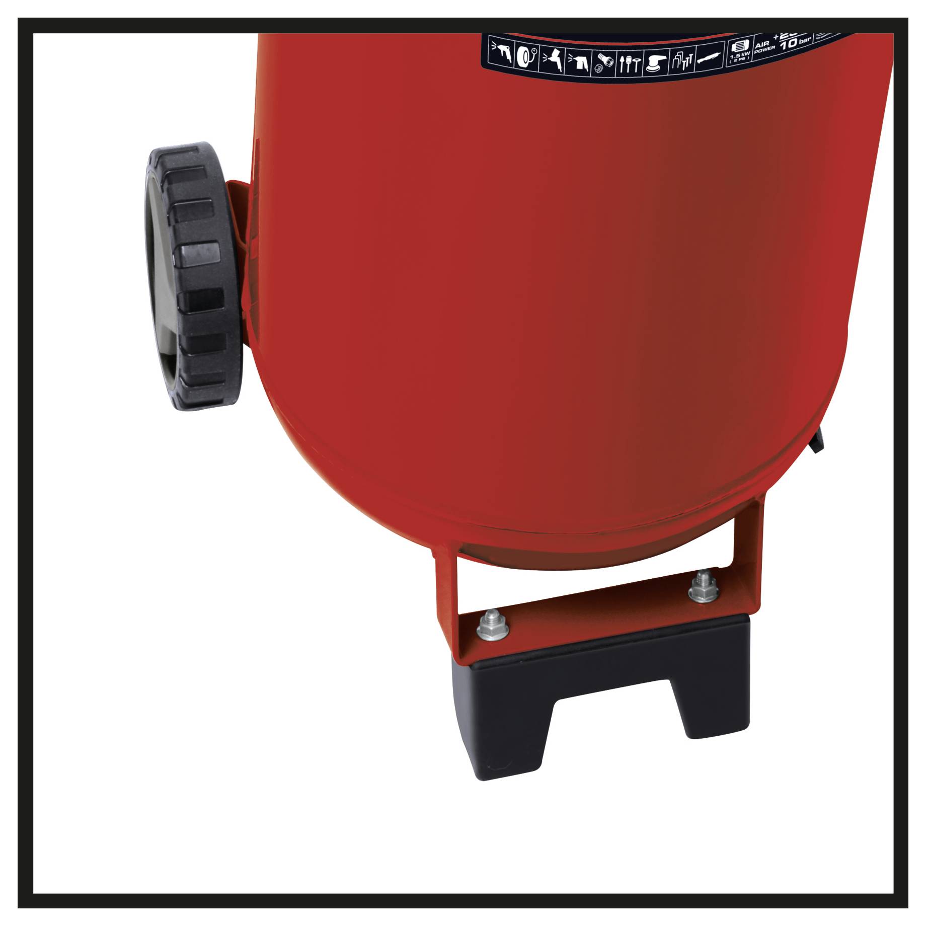 Close-up of a red wheeled machine with a black adjustment knob and base stand, shown against a white background.