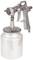 Silver spray gun with metallic dosing bottle, suitable for painting or coating.