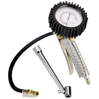 Air pressure gauge: Displays current tyre pressure on an analogue dial, connected with a flexible hose and metal valve.