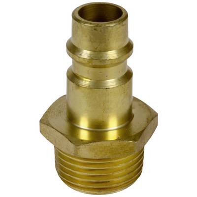 Brass threaded adapter with hexagonal head and ribbed hose connection. Used for connections in hydraulic systems.