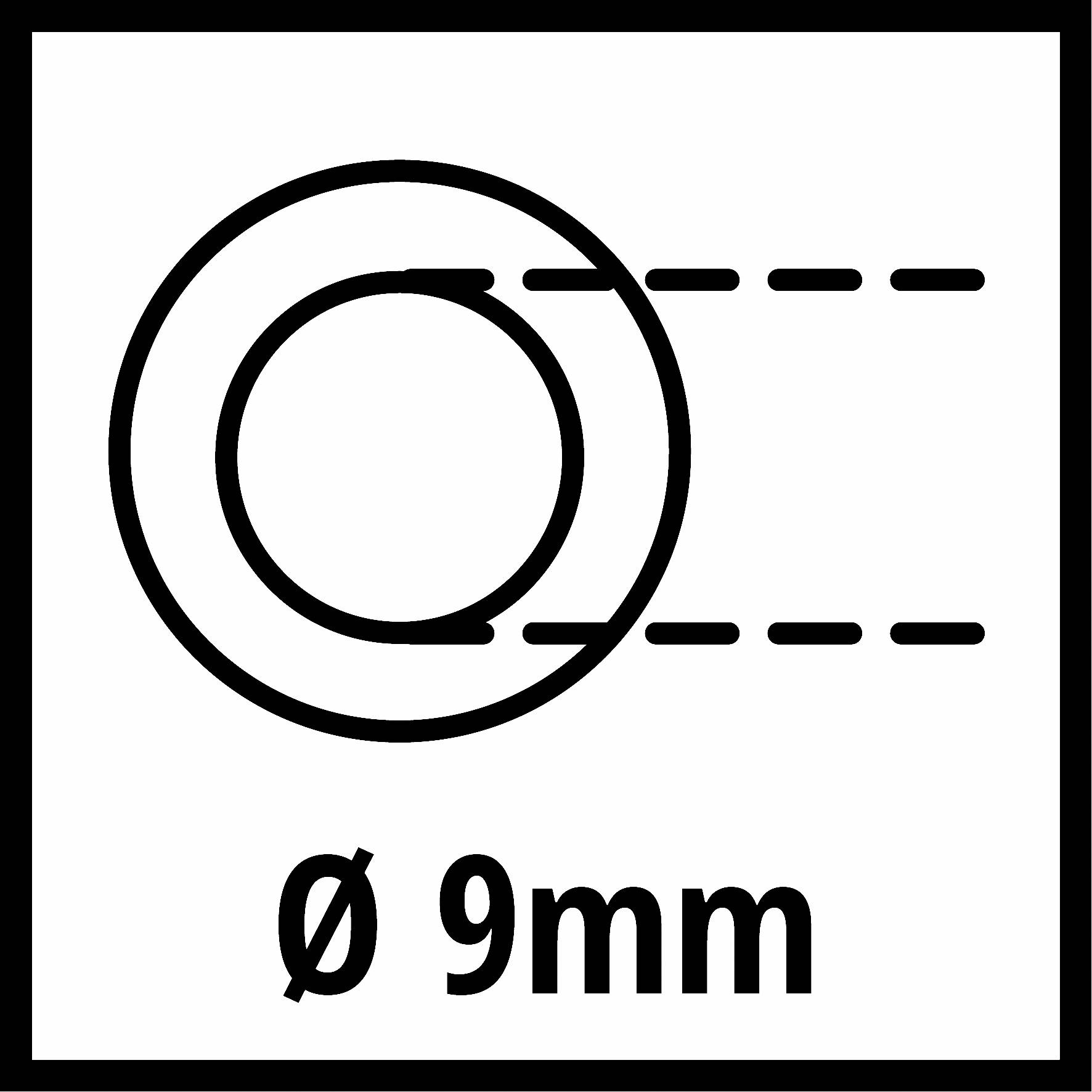 'Diameter 9 mm' on a technical drawing of a circular object with labelled diameter and dashed lines.