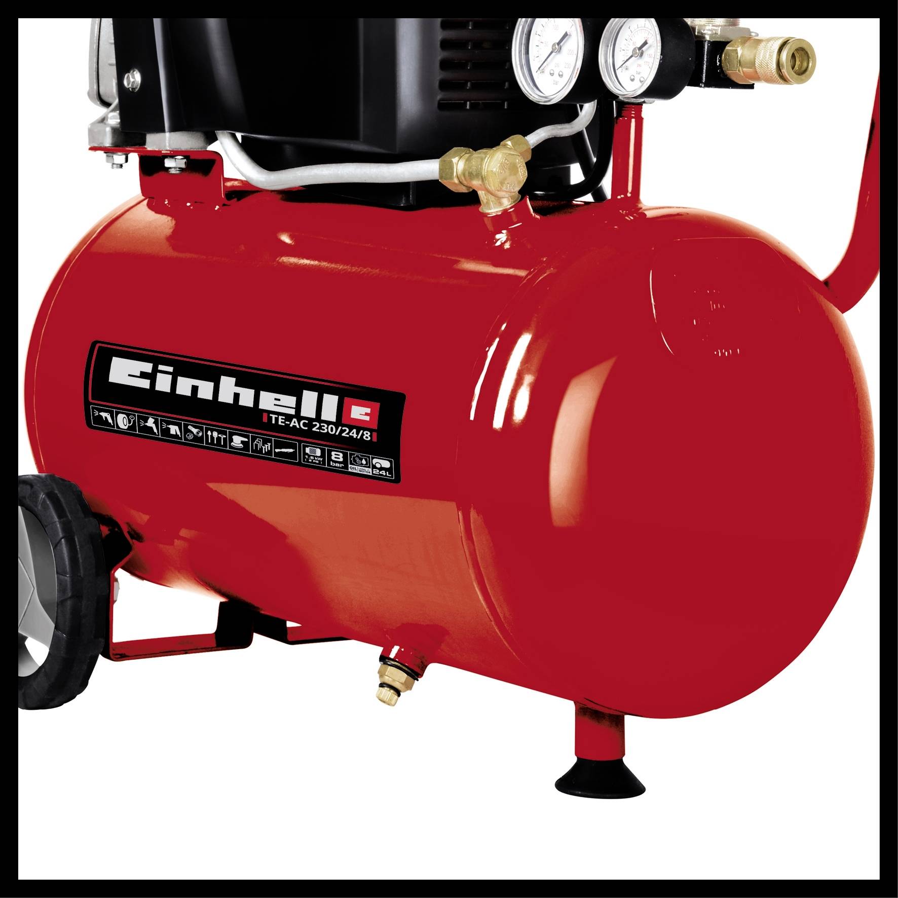 Red air compressor with two pressure gauges on top. The brand name is visible on the side. Suitable for tools such as pneumatic devices.