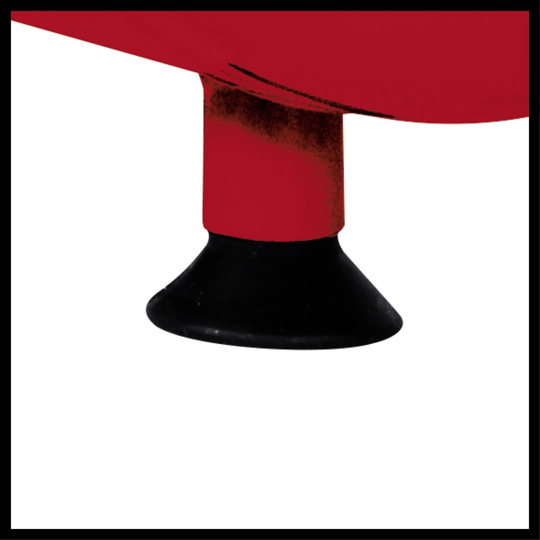 A black rubber foot supports the leg of a red-coloured piece of furniture.