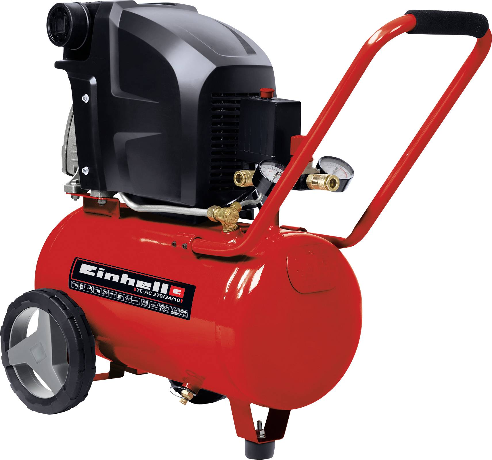 Red portable air compressor with black motor housing, handle, pressure gauges, and large wheels on a white background.