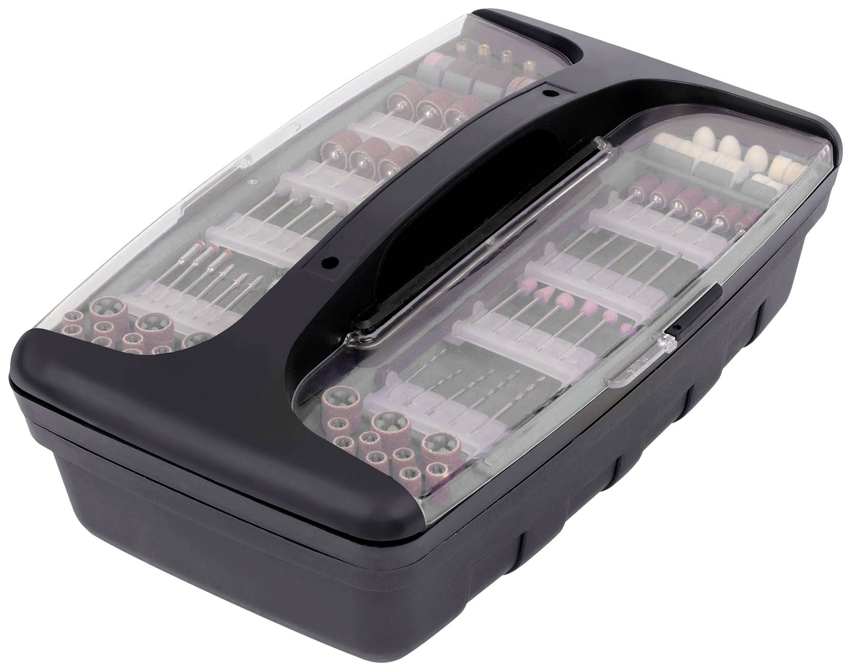 Black plastic toolbox with transparent lid, filled with various drill and grinding attachments.
