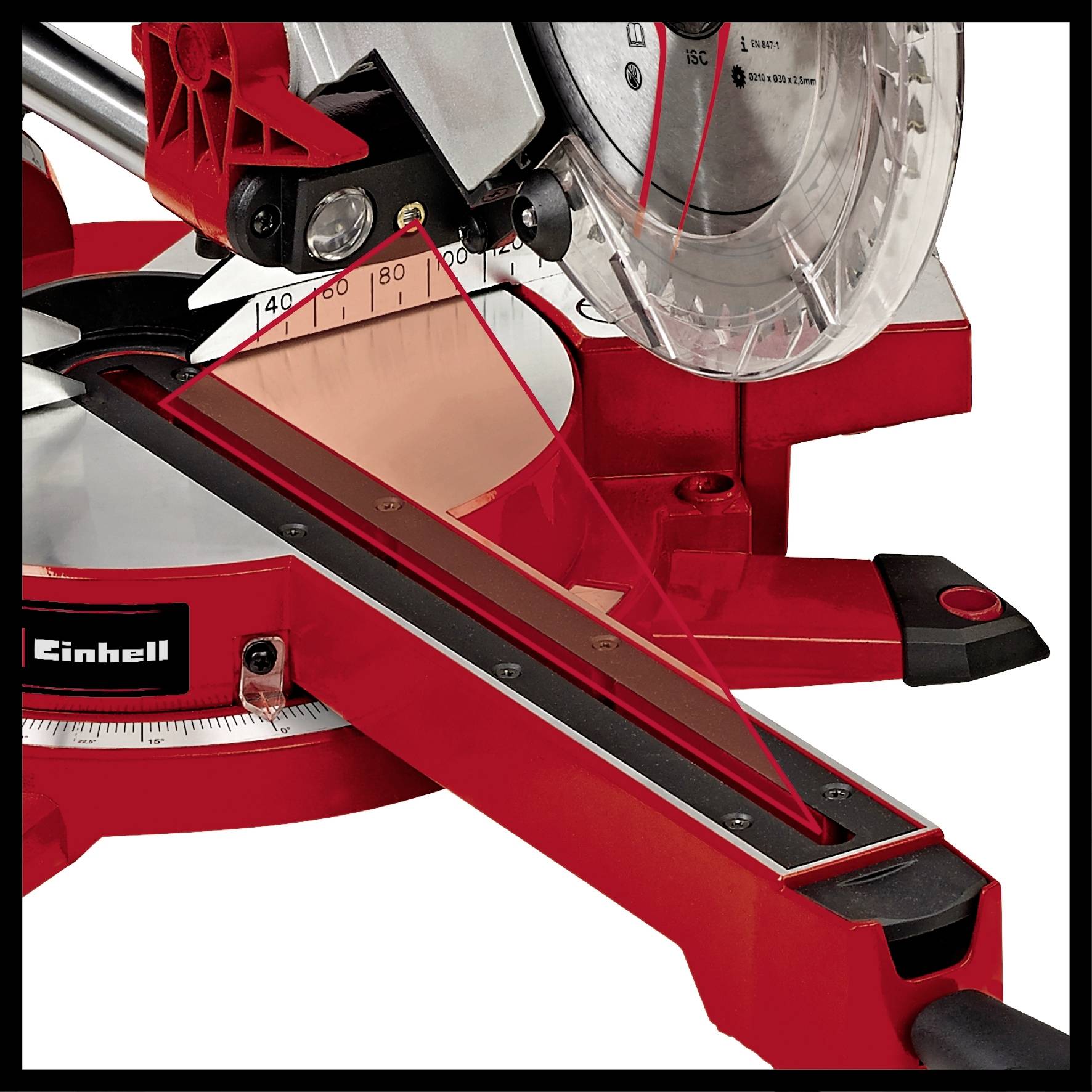 'Close-up of a red and silver reciprocating saw with laser guidance, showing the precise alignment of the saw on the workpiece.'