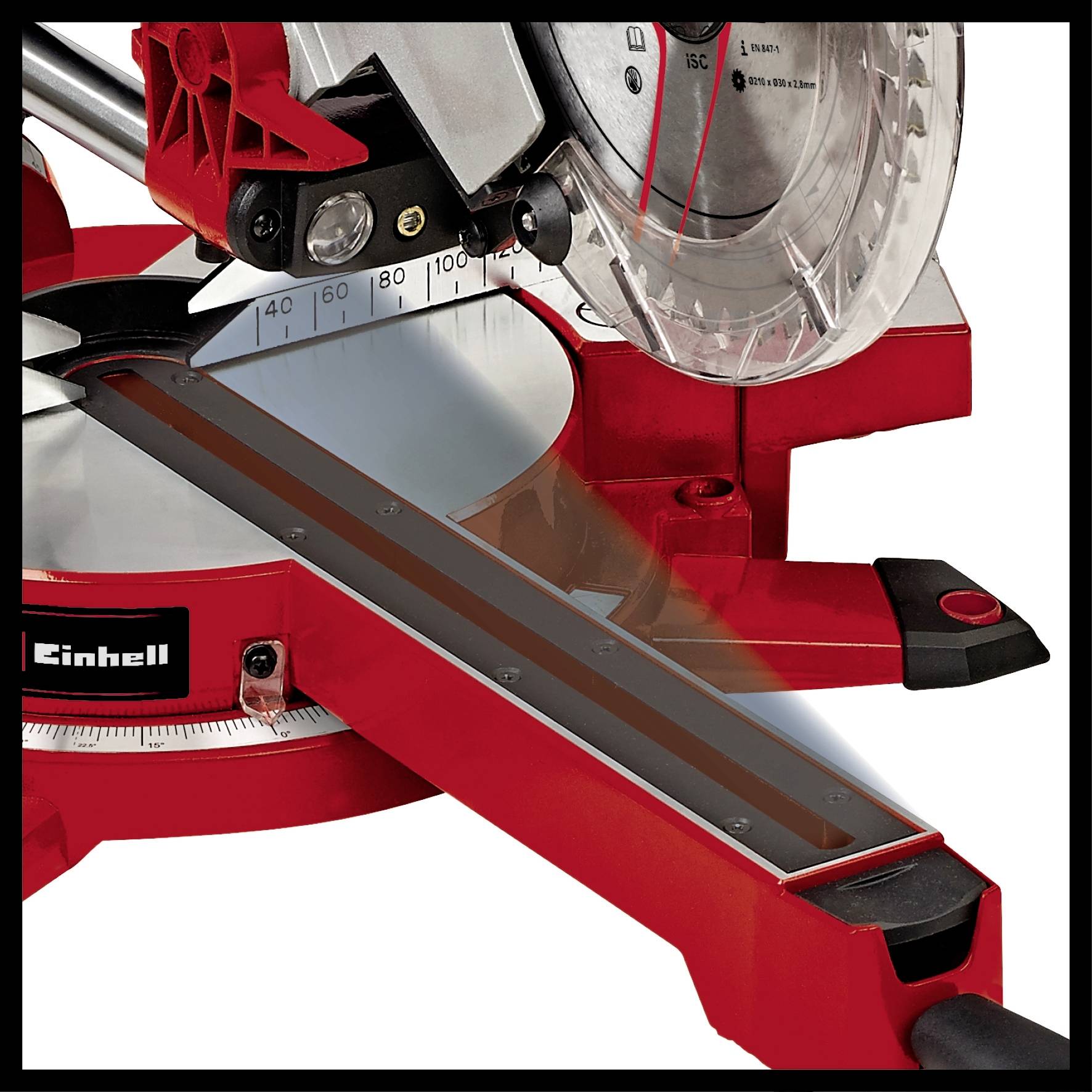A red circular saw with precisely marked angle adjustment and integrated laser. The 'Einhell' brand is visible on the saw.