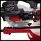 Electric mitre saw with a sharp saw blade and red and black accents; suitable for cutting wood or metal.