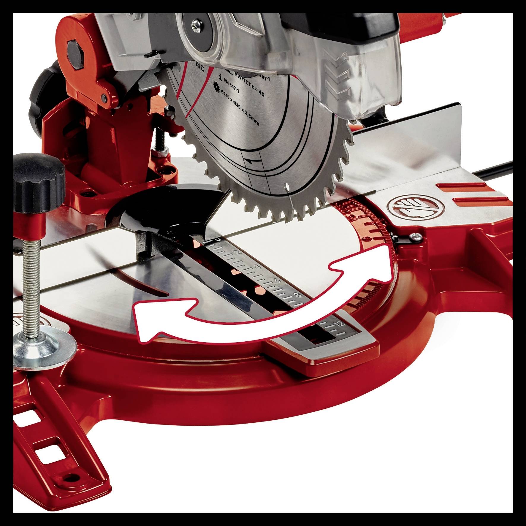 A red table circular saw with an adjustable angle mechanism, well-suited for precise wood cutting.